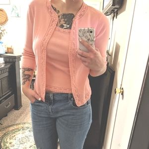 2 piece coral Talbots cardigan and matching tank.